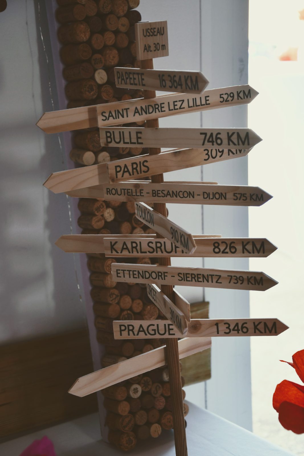 Panneau directionnel en bois avec les distances des invités